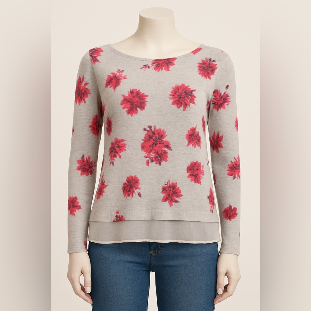 Lucky Brand Floral Top XS Gray Red Long Sleeve Lightweight Layered Hem Casual